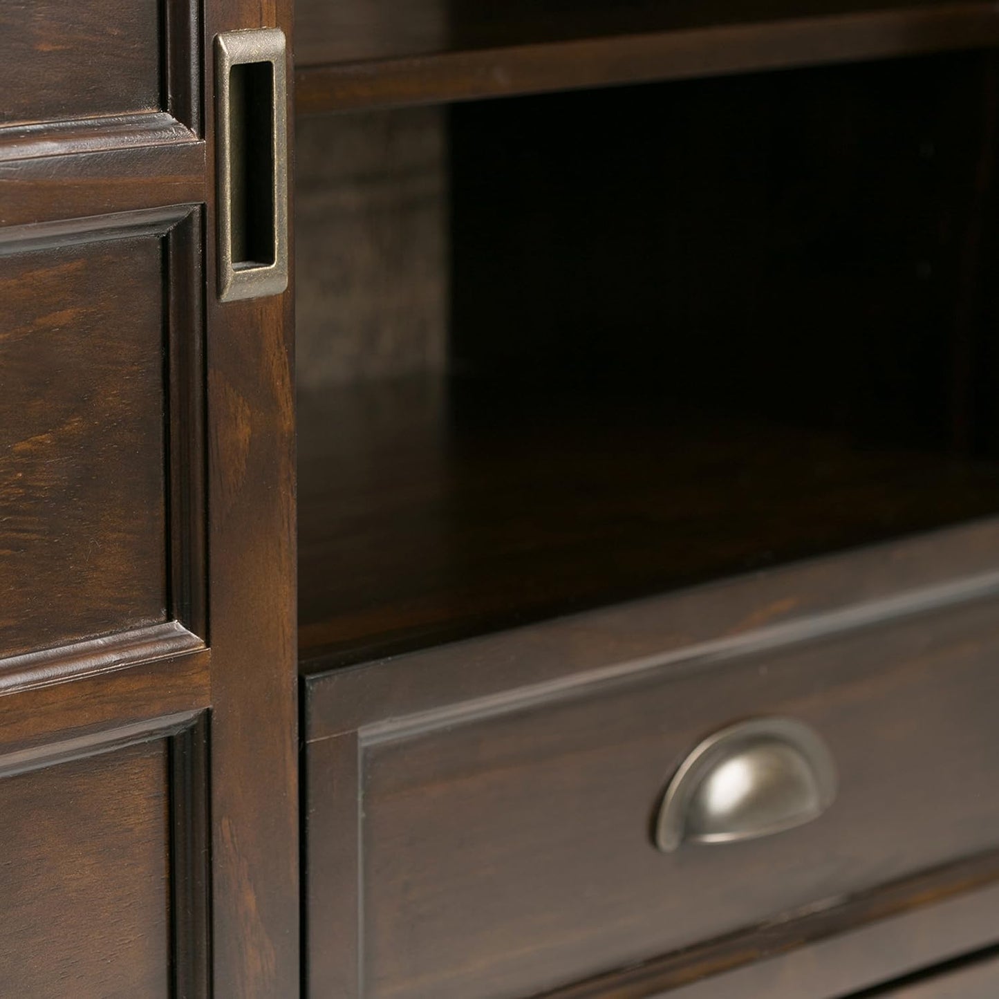 SIMPLIHOME Burlington SOLID WOOD 54 inch Wide Transitional TV Media Stand in Mahogany Brown For TVs up to 60 inches for the Living Room and Entertainment Center