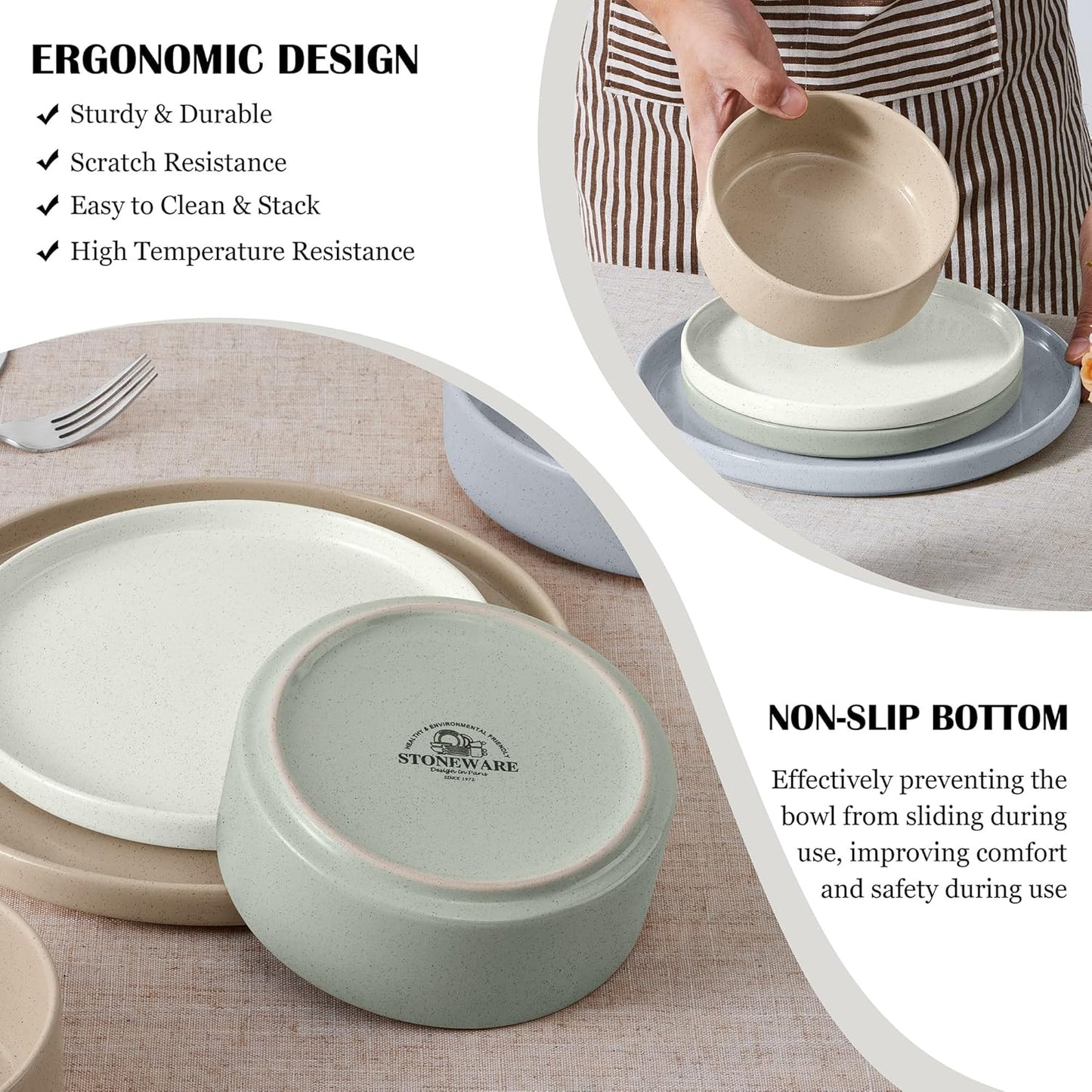 E-far Dinnerware Sets for 8, 24-Piece Stoneware Plates and Bowls Dish Set, Modern Kitchen Dinning Dishware, Chip and Scratch Resistant, Microwave & Dishwasher Safe, Speckled Multicolor