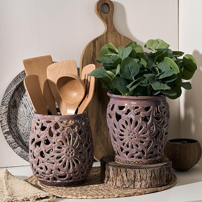 Farmhouse Kitchen Utensil Holder for Kitchen Counter, Ceramic Large Cooking Utensil Crock with Cork Mat, Countertop Cooking Tool Spatula Organizer, Purple Antique Design