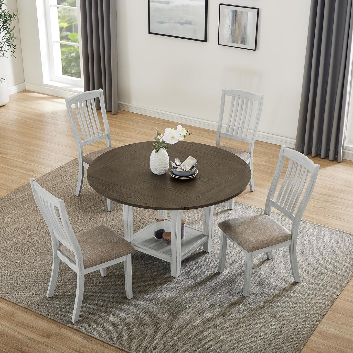 Ball & Cast 5 Pieces Dining Table Set with 4 Chairs and 51" Round Folding Dining Table,Kitchen Table and Chairs for 4 W/Trestle Table Base,for Small Space,Apartment,Dining Room,Brown White