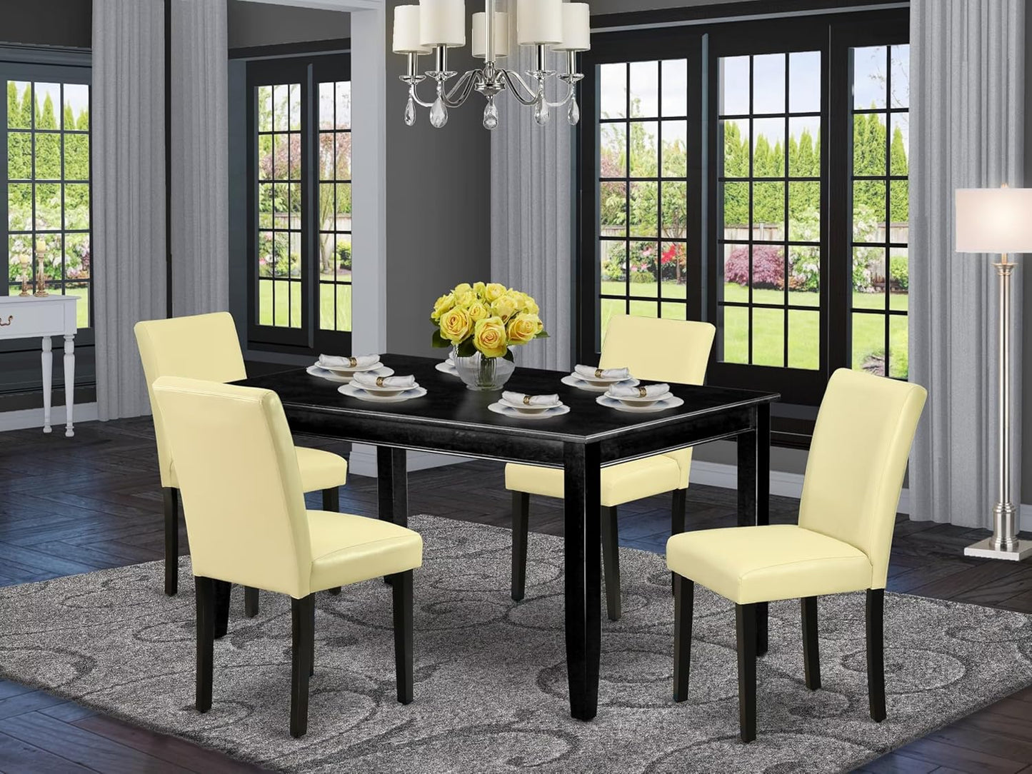 East West Furniture DUAB5-BLK-73 5 Piece Dining Room Table Set Includes a Rectangle Kitchen Table and 4 Eggnog Faux Leather Parson Dining Chairs, 36x60 Inch, Black