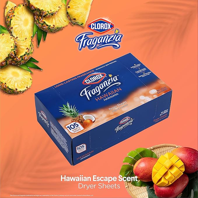 Clorox Fraganzia Fabric Softener Dryer Sheets, Hawaiian Scent - Wrinkle Reducing Scented Softening Laundry Dryer Sheets for Great Smelling Clothes, 105 Count