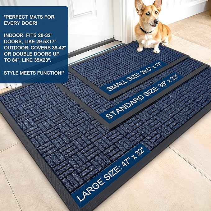 OLANLY Front Door Mat Outside Entrance 33x21, Absorbent, Heavy Duty Sturdy Natural Rubber Doormat Indoor Outdoor, Non-Slip, Stain and Fade Resistant, Low Profile Floor Mat for Entryway, Navy Blue
