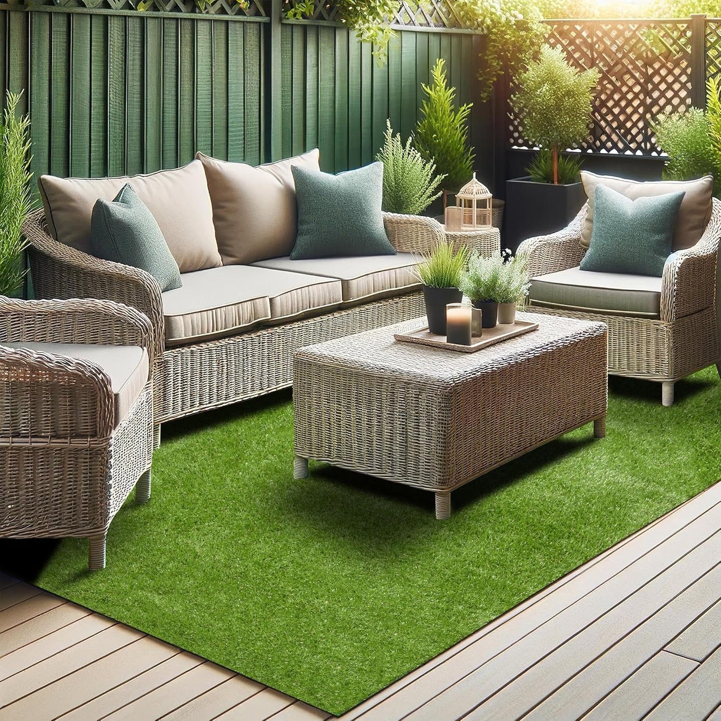 Ottomanson 6'6" x 13' Artificial Faux Grass Rug - Realistic Turf with UV Protection - Perforated for Easy Drainage - Durable, Hose-Off Synthetic Lawn Carpet for Indoor & Outdoor Use, Green