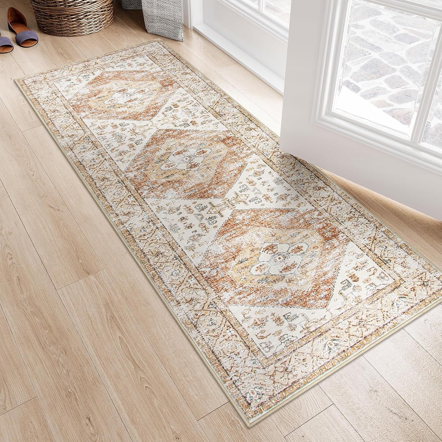 Lahome Boho Washable Runner Rug - 2x6 Hallway Rug Kitchen Runner Non-Slip Throw Thin Bedroom Rugs Laundry Room Oriental Distressed Print Carpet for Entrance Bathroom Living Room