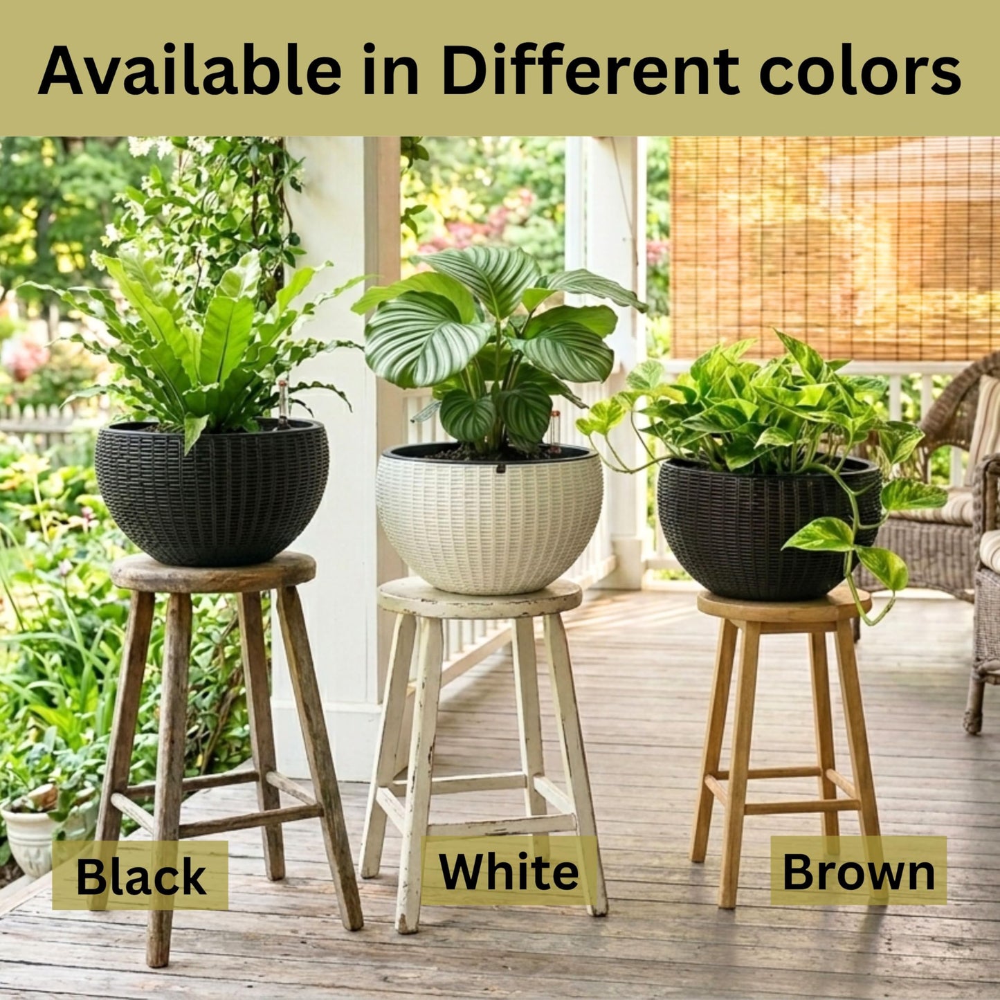LaLaGreen Bundle- 3 Pack, 11 Black + 3 Pack, 11 Inch Brown Self Watering Hanging Plastic Basket Rattan Style Round Plant Flower Pots with Water Level Indicator Balcony Porch Modern Indoor Garden Decor