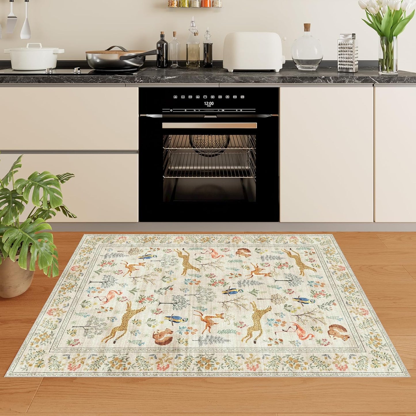 DUKINO 3x5 Rug, Washable Animal Area Rug with Non Slip Vintage Design, Indoor Soft Low Pile Carpet for Bedroom, Nursery, Dining Room, Farmhouse, Playroom, White