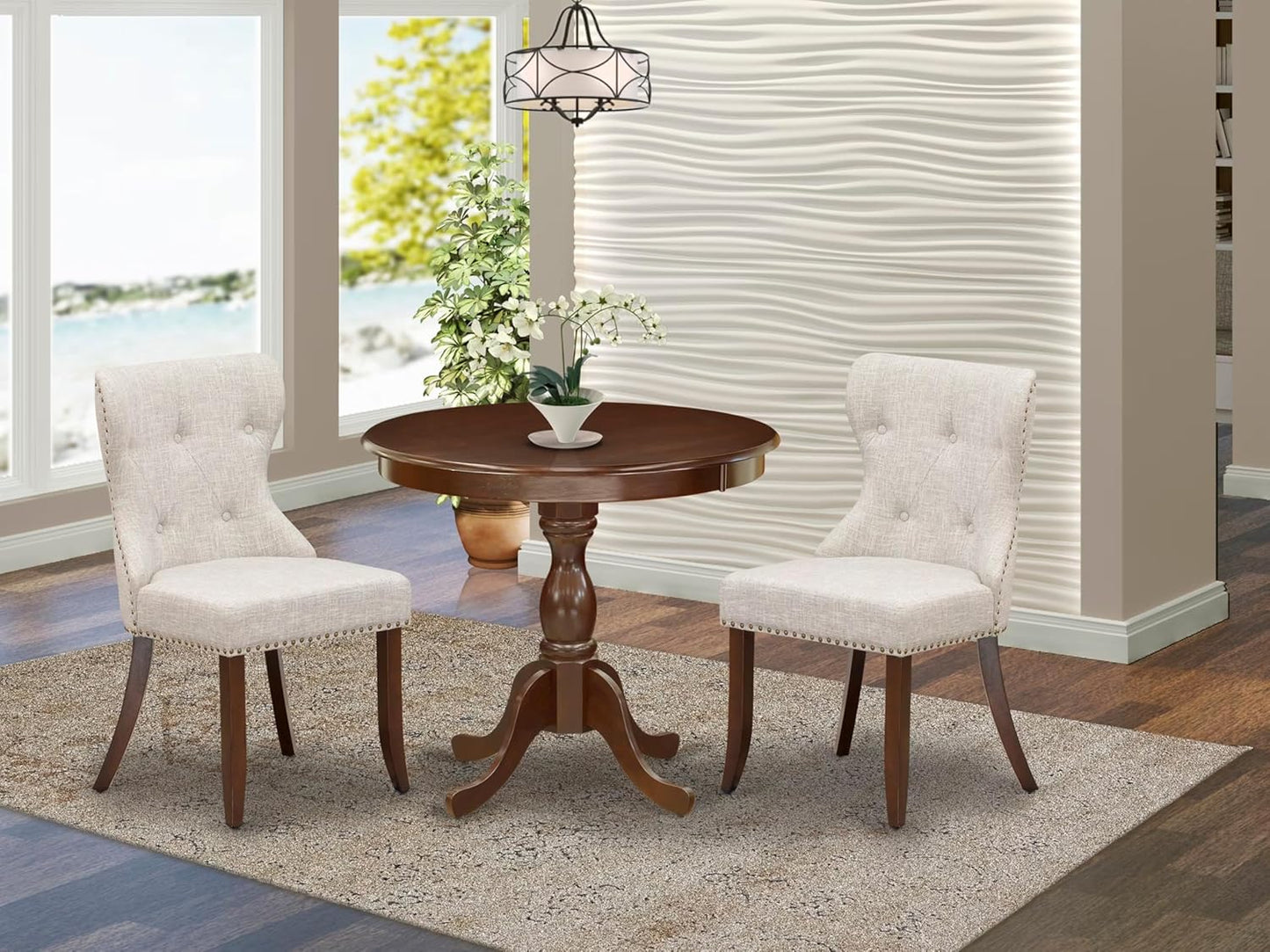 East West Furniture AMSI3-MAH-35 3 Piece Dining Room Table Set Contains a Round Kitchen Table with Pedestal and 2 Doeskin Linen Fabric Parson Dining Chairs, 36x36 Inch, Mahogany