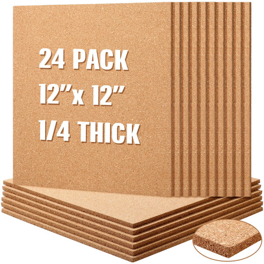 Crtiin 24 Pcs Cork Board Tiles Bulletin Boards 12"x12" 1/4" Thick Square Natural Cork Sheets with Self Adhesive Backing Brown Corkboards for Wall School Office Home DIY Supplies