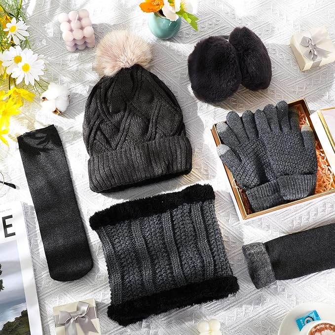 SATINIOR 5 Pcs Winter Hat Scarf Gloves Set Fleece Warm Lined Knit Beanie Hat Touch Screen Earmuff Gloves Warmer for Women(Dark Gray,Stylish Style)