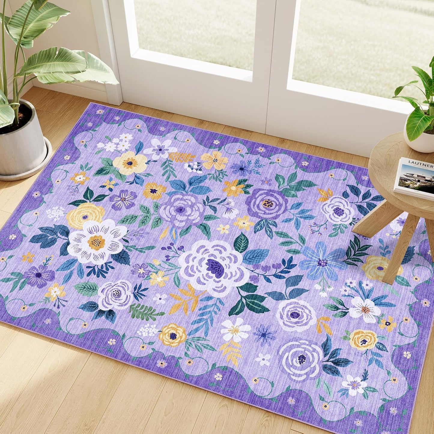 DUKINO 2x3 Rugs for Entryway, Floral Indoor Washable Door Mat, Non Slip Boho Small Rug for Kitchen, Soft Low Pile Front Door Throw Rug for Entrance, Bedroom, Kitchen, Laundry, Bathroom, Purple