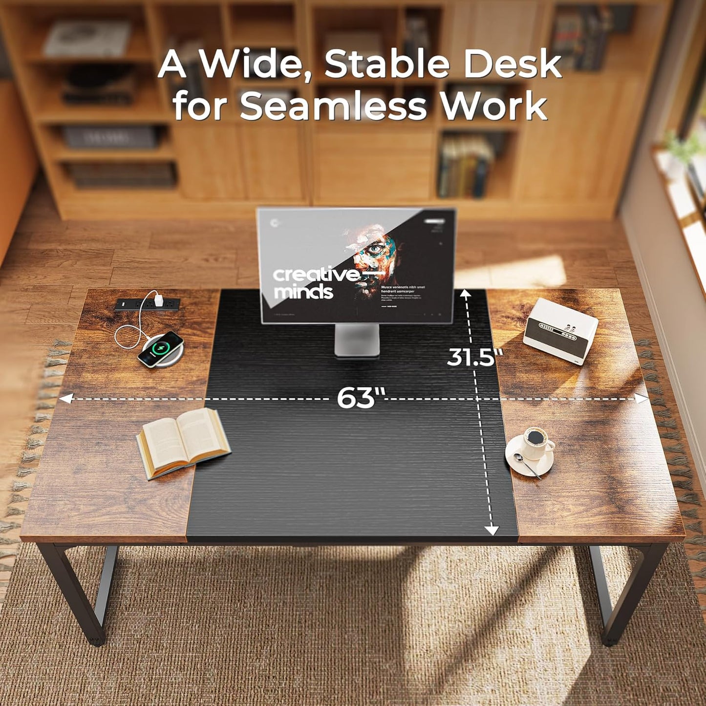 Huuger 63 x 31.5 inch Desk with Power Outlets & USB-C, 1.2 Inch Thicker Desktop, Robust Metal Tubes, Deep Computer Desk, Heavy Duty Office Desk, Work Desk, Rustic Brown and Black