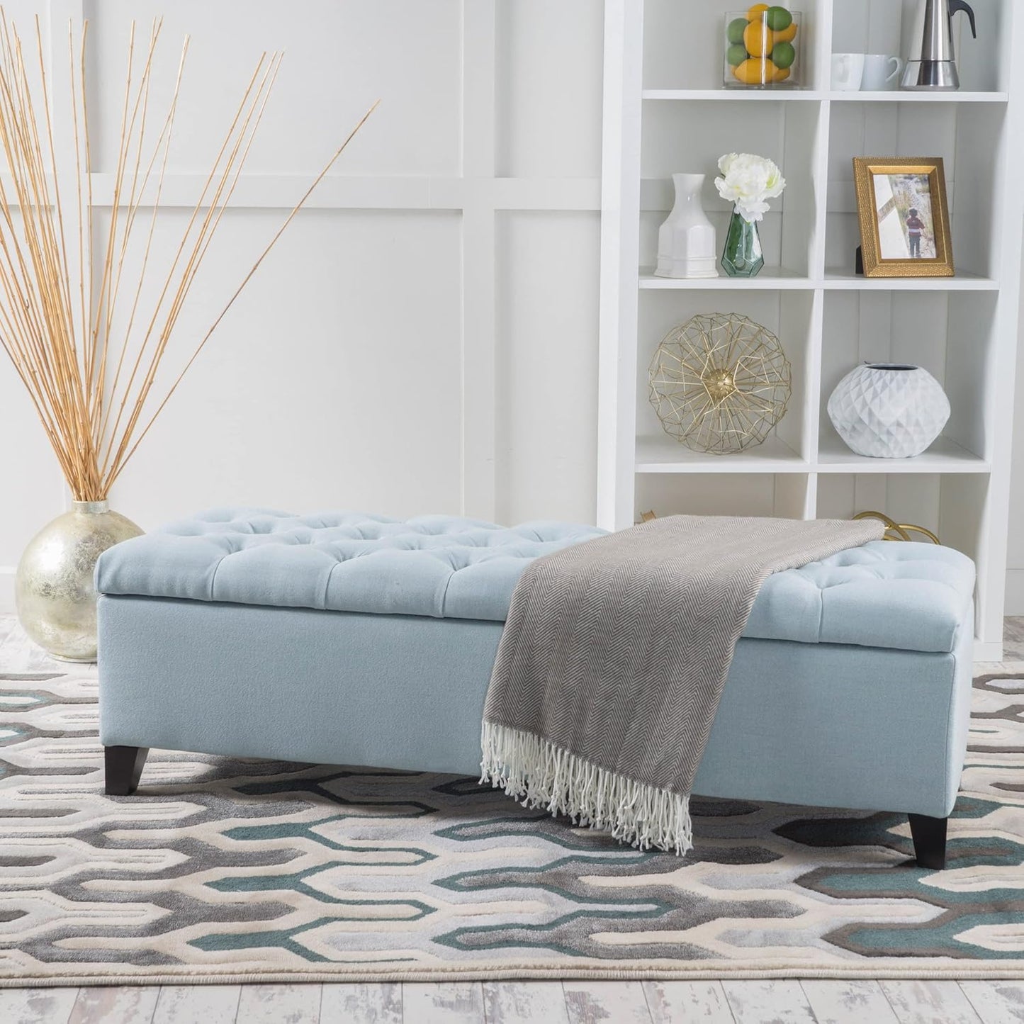 Christopher Knight Home Ottilie Fabric Storage Ottoman, Light Sky, Dimensions: 17.50 inches deep x 51.00 inches wide x 17.00 inches high.