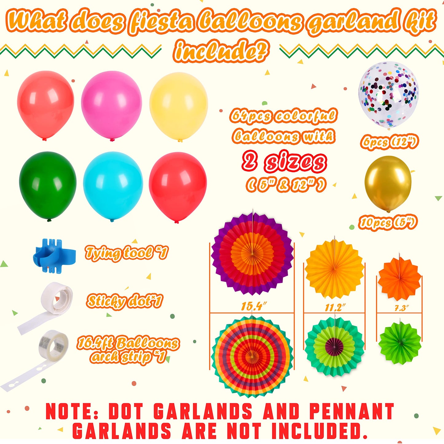 Cinco De Mayo Fiesta Party Decorations - Mexican Themed Balloons Garland Arch Kit + Paper Fans for Birthday Decor Supplies (No Air Pump,Dot&Pennant Banner)