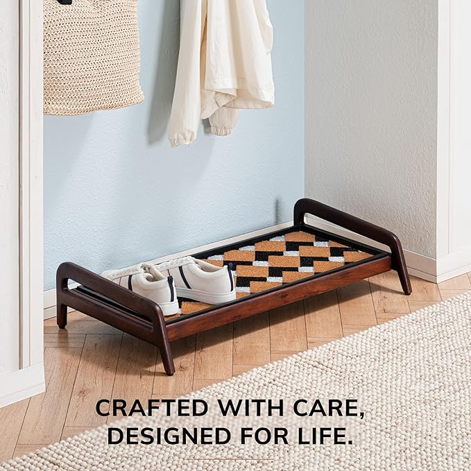 Anji Mountain Heavy Duty Waterproof Wooden Shoe Storage Mat Organizer/Boot Storage Tray Multi Use for Entryway with Coir, Tan and Ivory Insert, 1 Tier, Fits 3 Pair (36.5" Wide)