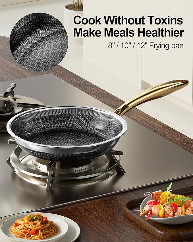 FogDream 3 Pcs Non Stick Frying Pans without Lids, 8, 10 & 12 Inch Stainless Steel Skillets, Tri-Ply Stainless Steel for All Cooktops, Dishwasher & Oven-Safe Cooking Pan, Stay-Cool Handle, Gold