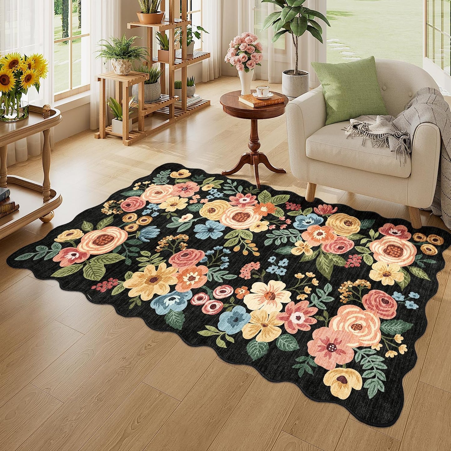DUKINO 3x5 Area Rug, Floral Non-Slip Indoor Washable Rug with Low Pile & Non-Shedding, Lightwight Boho Design Carpet for Entryway, Bedroom, Kids Room, Living Room, Kitchen, Black