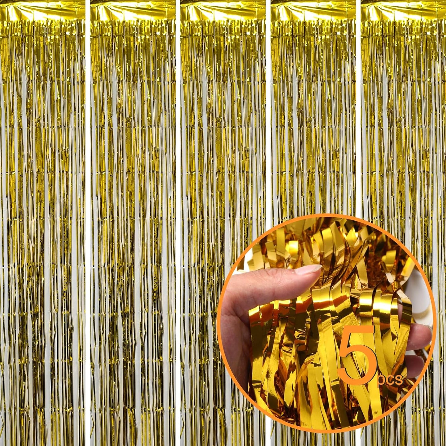 5 Pck Golden Foil Curtain Backdrop Metallic Tinsel Foil Fringe Curtains Photo Booth Props for Birthday Wedding Engagement Bachelorette Christmas Holiday Celebration Party Decorations Supplies