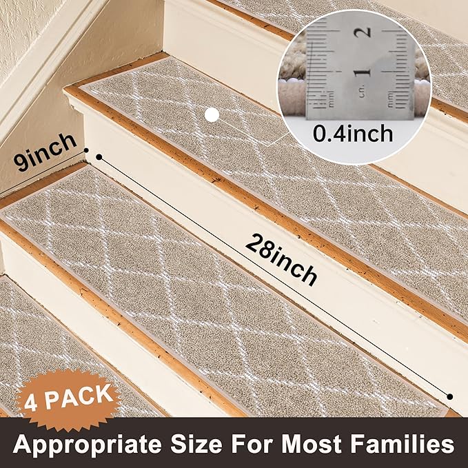 BEQHAUSE Stair Treads Non Slip Stair Runners for Wooden Steps Machine Washable Polyester Soft Stair Rugs 28inX9in Beige Stair Mats Safety Edging Stair Rugs for Dogs,Elders and Kids 4pcs