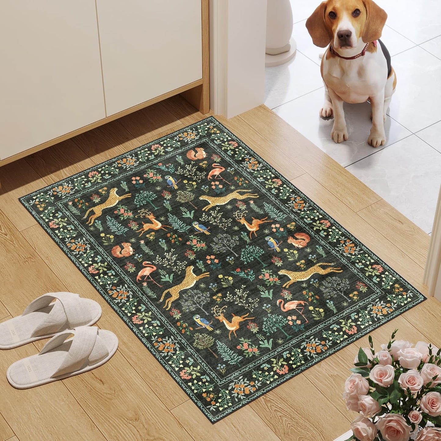 DUKINO 2x3 Rug, Washable Animal Rugs for Entryway, Non Slip Indoor Door Mat, Soft Low Pile Small Area Carpet for Entrance, Bedroom, Kitchen, Laundry, Bathroom, Black