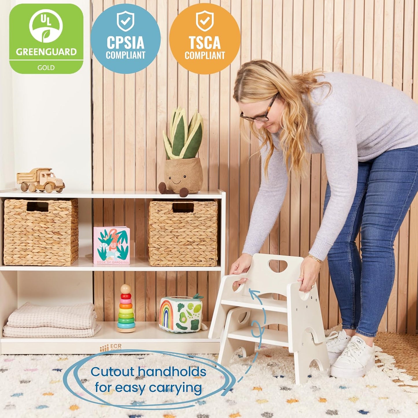 ECR4Kids Stackable Wooden Toddler Chair, 6in, Kids Furniture, White Wash, 2-Pack
