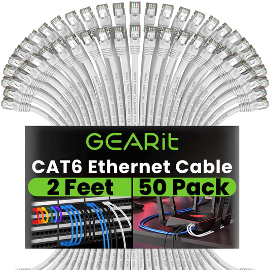 Gearit Cat 6 Ethernet Cable (50-Pack 2 Feet) Cat6 Network Patch, 10Gbps, Rj45, Snagless Cord, Gold-Plated Connectors, Internet F