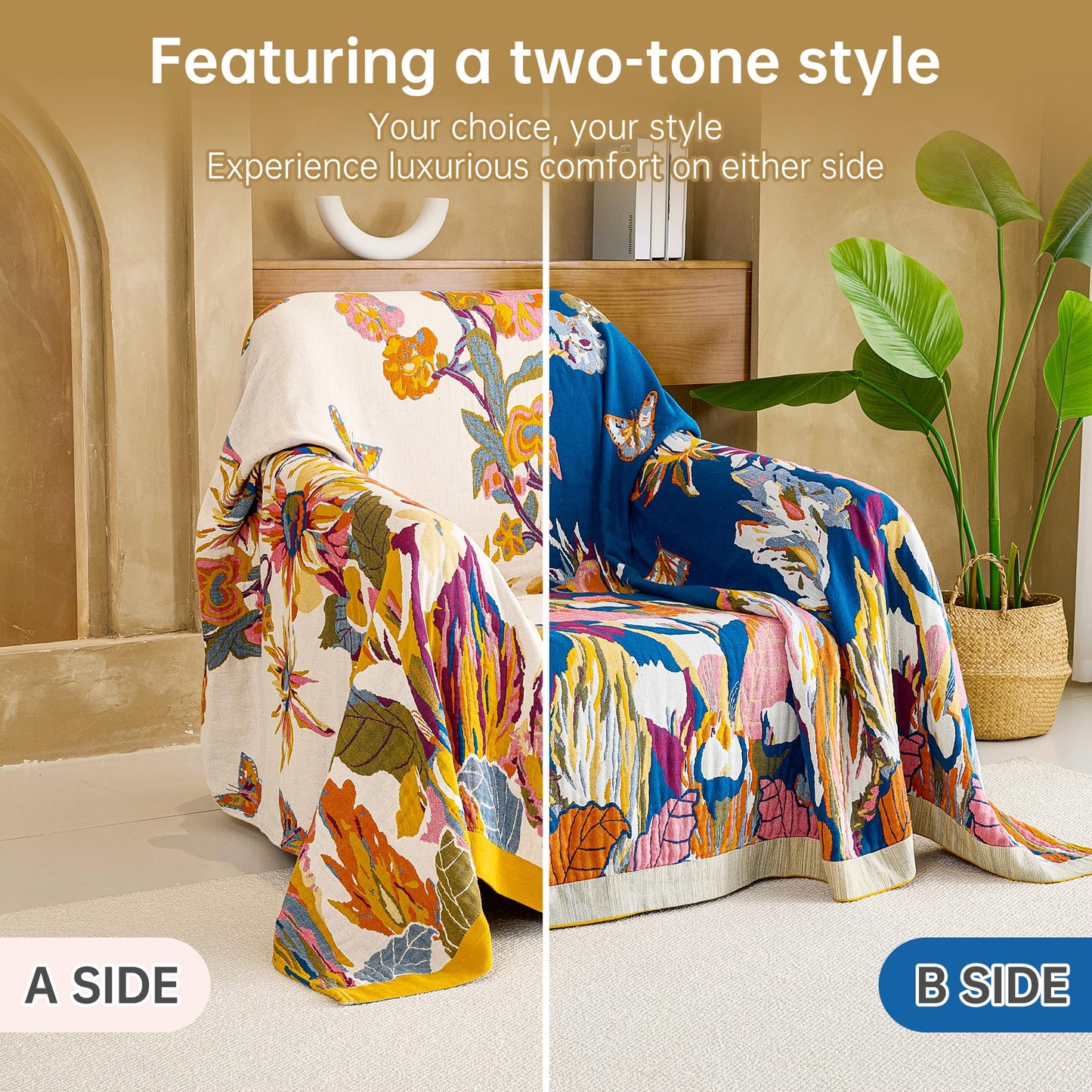 VANJOROY Boho Throw Blanket 60" x 80", 100% Organic Cotton Skin-Friendly Lightweight Ultra Soft Bed Quilt Throw - Spring Floral Butterfly Farmhouse Decor Blanket for Sofa Couch Chair and Gift.