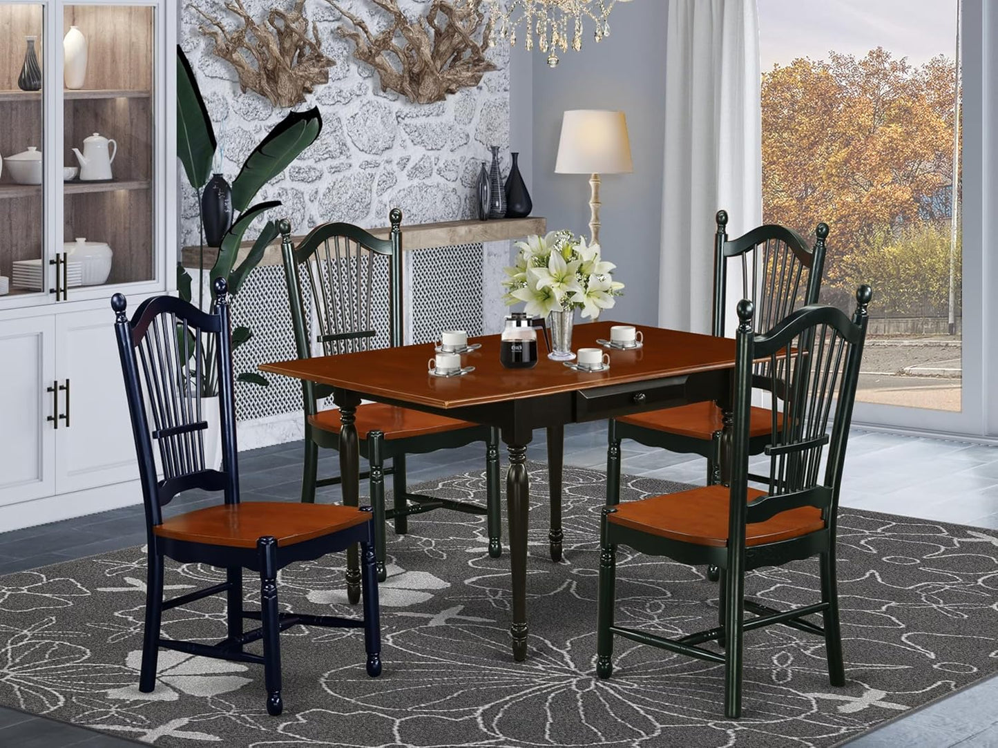 East West Furniture MZDO5-BCH-W 5 Piece Kitchen Table & Chairs Set Includes a Rectangle Dining Room Table with Dropleaf and 4 Dining Chairs, 36x54 Inch, Black & Cherry