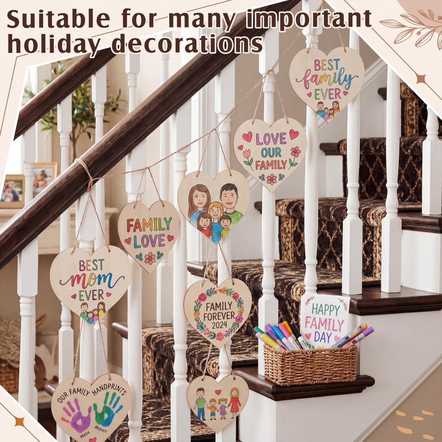 Qunclay 10 Pcs Natural Wooden Hearts Ornaments for DIY Crafts 11.8 Inch Blank Unfinished Predrilled Heart Slices with Hemp Rope for Father's Day Wedding Home Front Door Decor