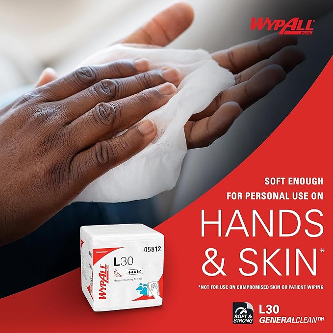 WypAll GeneralClean L30 Cloths Heavy Duty Cleaning Wipes (05812), Quarterfold, Strong and Soft Bulk Paper Wipers, White (12 Packs of 90 Sheets, 1,080 Sheet Total)