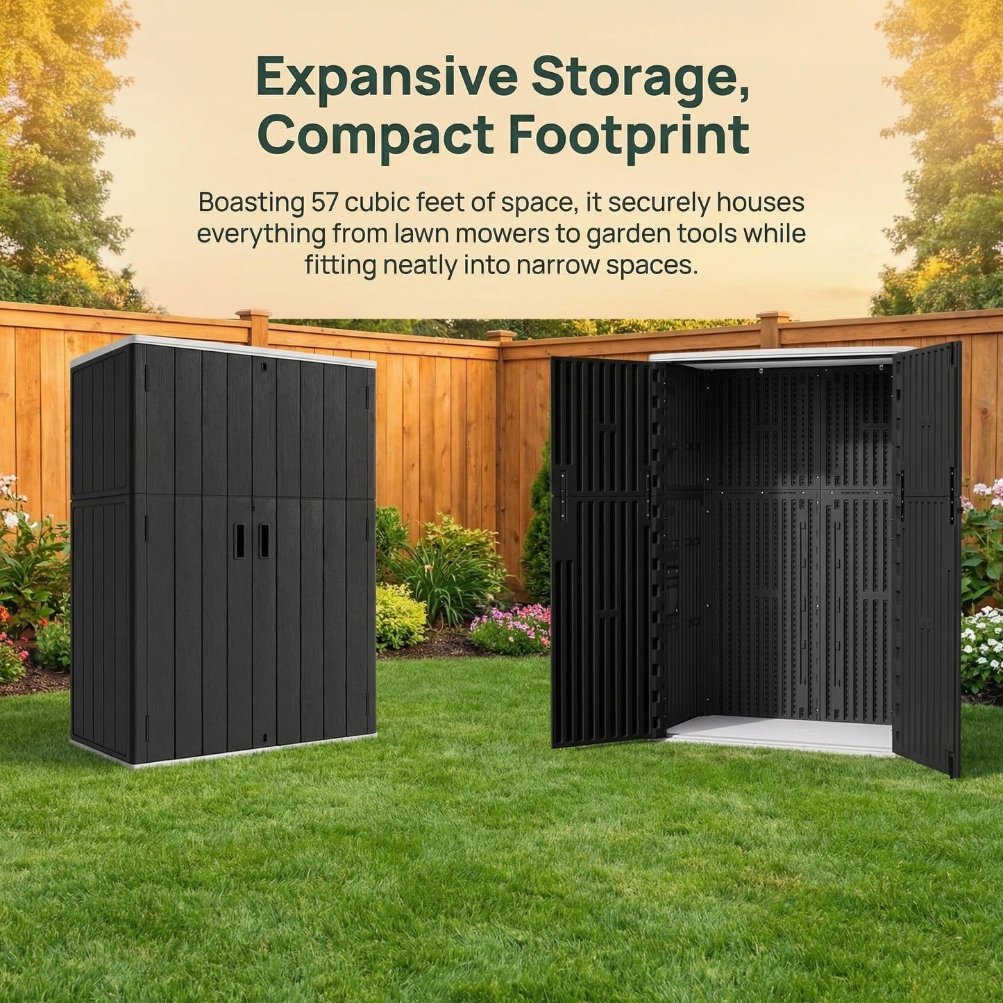 Outdoor Storage Shed 57 Cu.ft Weatherproof Resin Storage Cabinet with Floor, Lockable Vertical Shed for Garden Tools, Lawn Mower, Pool Equipment & Organization – Shelves Not Included