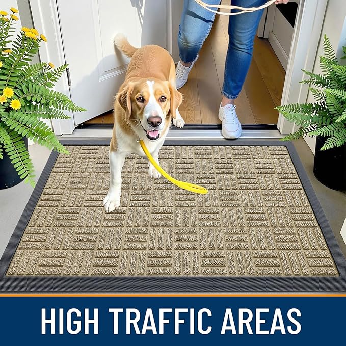 OLANLY Front Door Mat Outside Entrance 35x23, Absorbent, Heavy Duty Sturdy Natural Rubber Doormat Indoor Outdoor, Stain and Fade Resistant, Non-Slip Backing Low Profile Floor Mat for Entryway, Beige