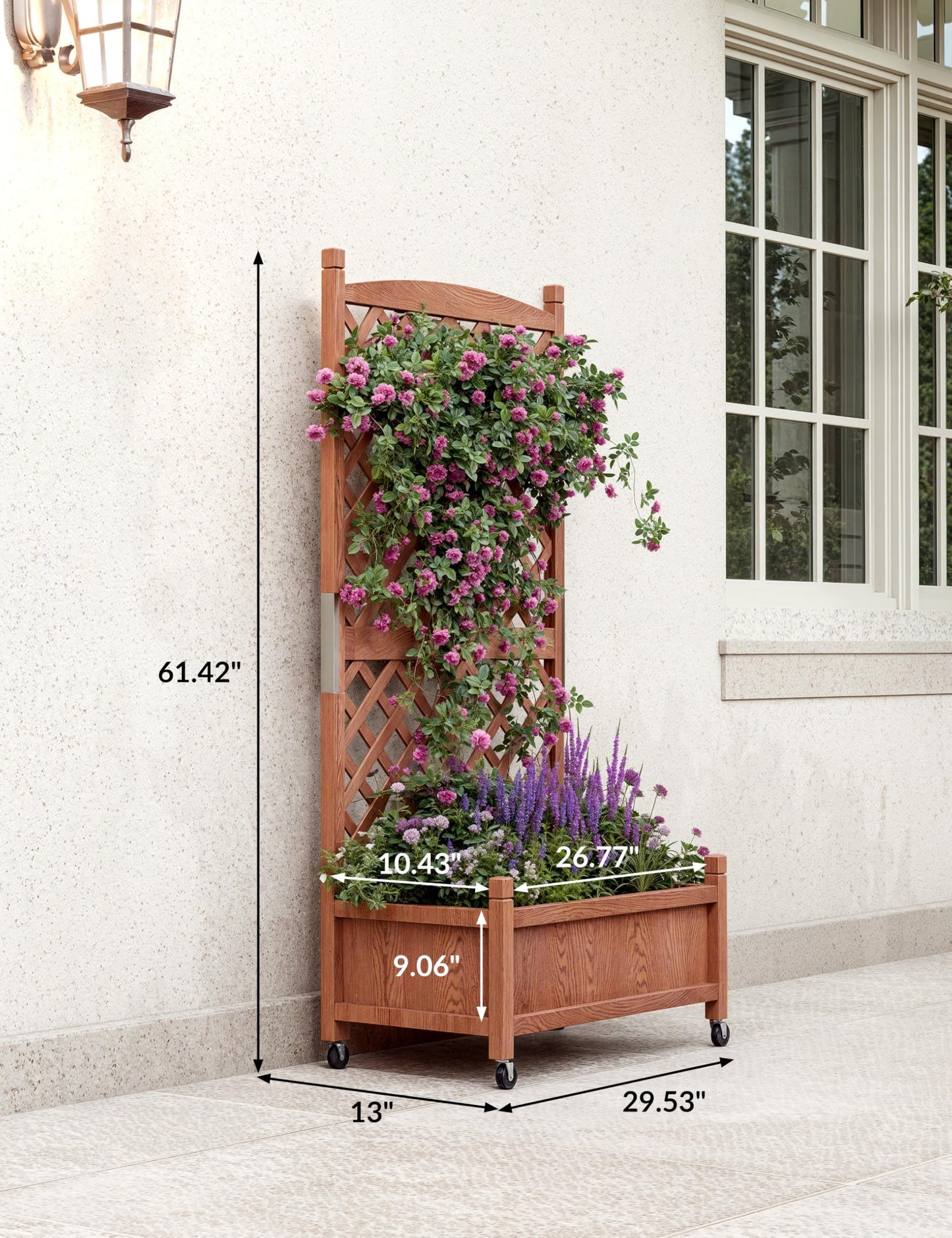 2PCS Raised Garden Bed with Trellis,61.5" Vertical Wooden Garden Bed on Wheels with Drainage Holes,for Plant Flower Climbing Pot Hanging, Indoor & Outdoor Planter Box for Yard, Garden, Balcony
