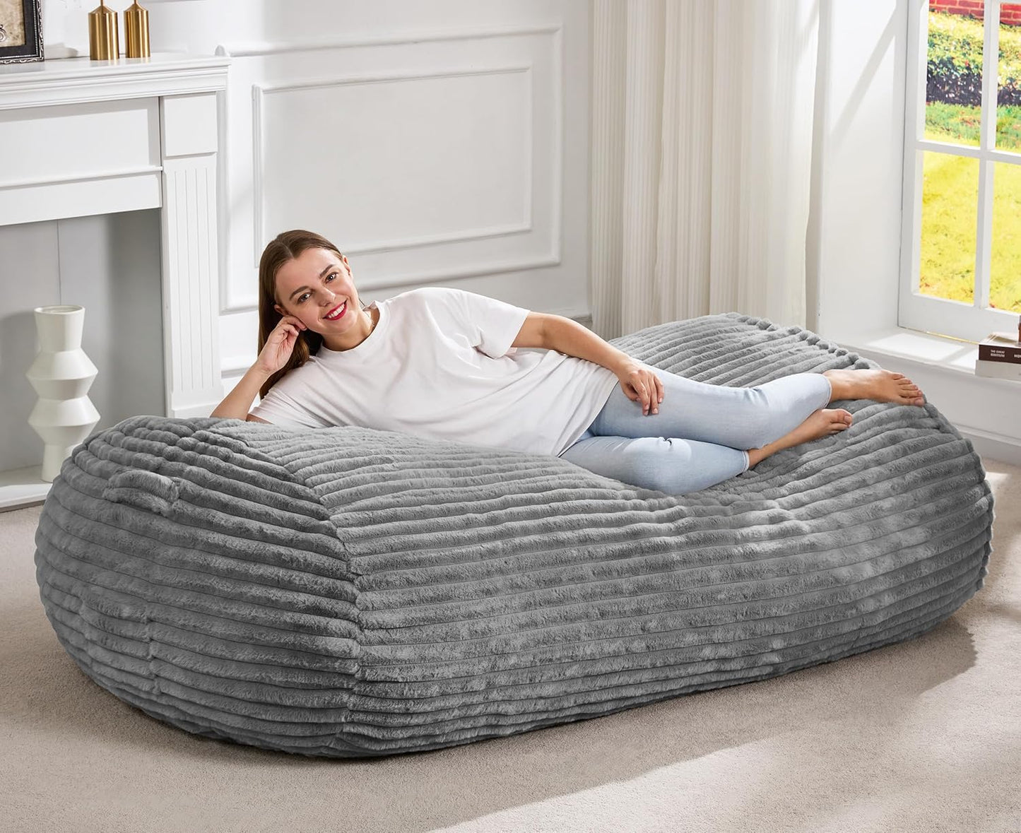 Hobestluk 5FT Bean Bag Chairs Adult Bean Bag with Portable Handle Comfy Large Bean Bag Lounge Chair with Removable Cover for Living Room Bedroom (Stripe Grey, 5FT)