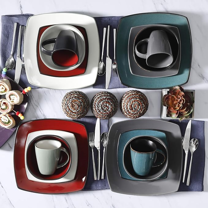 Gibson Soho Lounge Square Reactive Glaze Dinnerware Set, Grey - 97558.16RM, Service for 4 (16pcs)