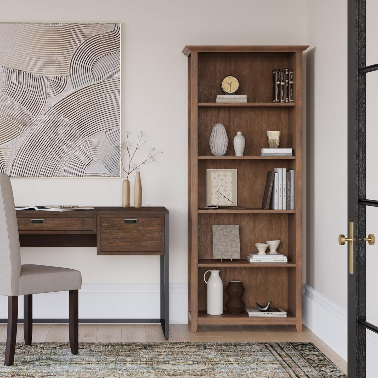 SIMPLIHOME Amherst Bookcase - 70 inch Tall 5-Shelf Solid Wood Bookshelf in Rustic Natural Aged Brown, Transitional Storage for Living Room, Study or Office with Adjustable Shelves and Tapered Legs