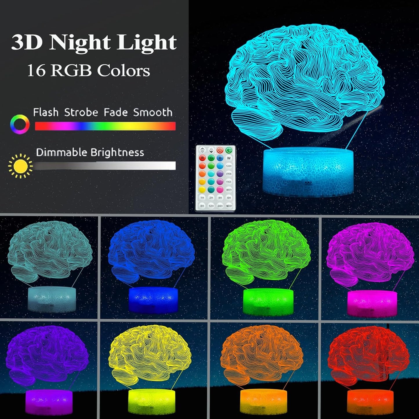 Neurology Gifts, 3D Brain Illusion Lamp, Night Light with16 Colors Changing, Remote Control, Timer, Dimmable, Kids Room Decoration, Xmas Brain Model Gifts