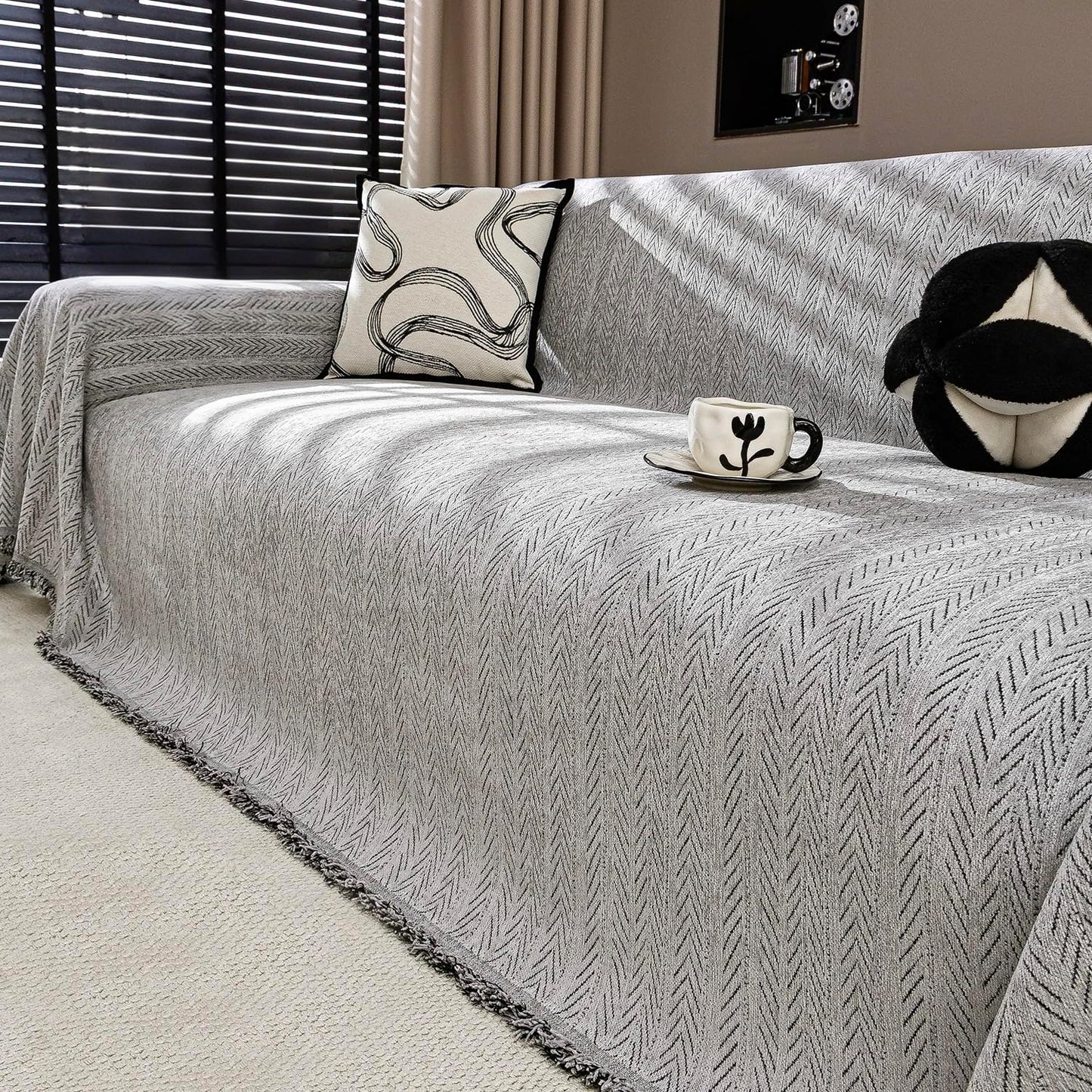 Nobildonna Sofa Cover Washable Soft Thicken Chenille Couch Cover with Tassel,Waterproof Sofa Slipcover for 2-3 Cushion Couch,Sectional Sofa,L-Shaped Furniture Protector Pet-Friendly,Gray 71"x118"
