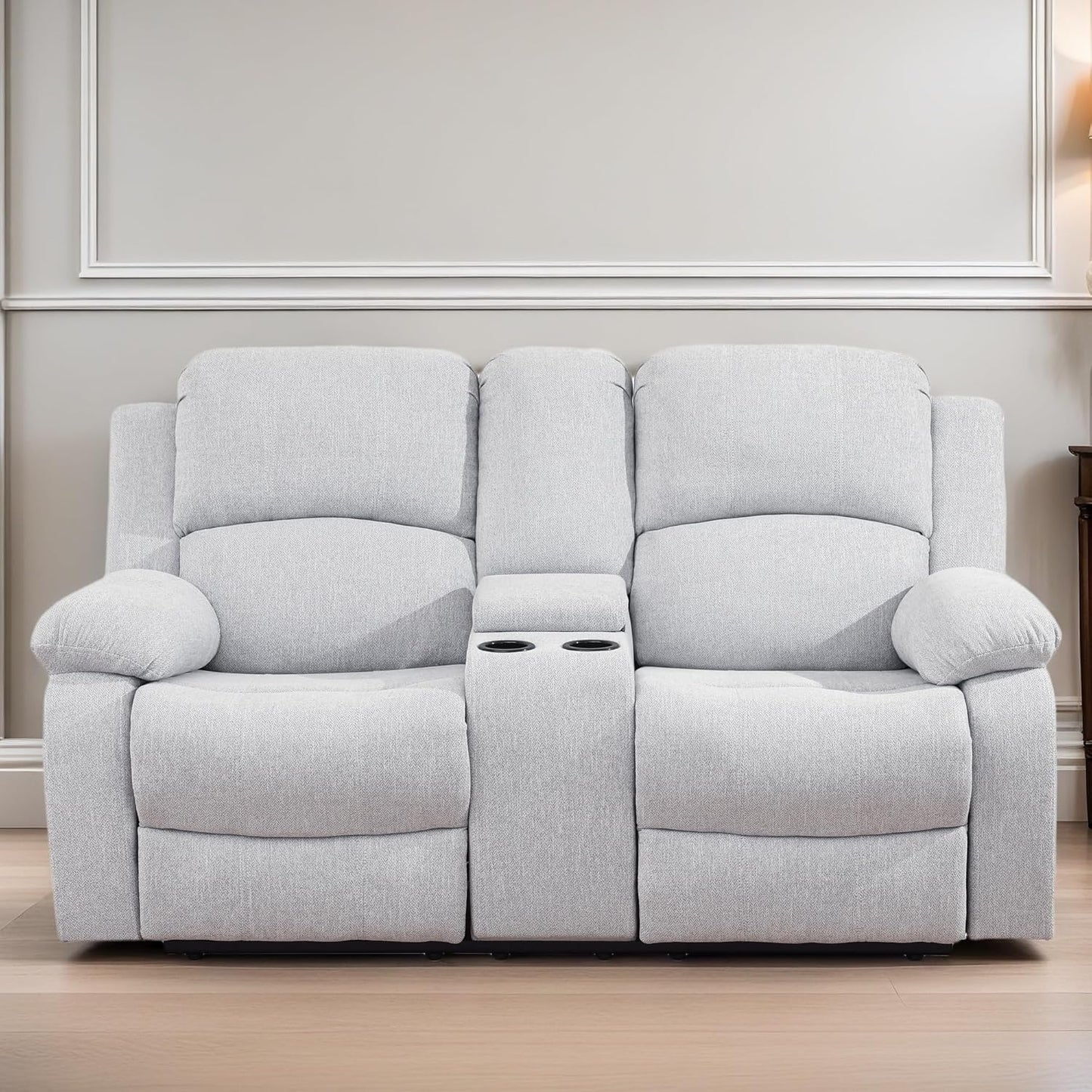 Loveseat Recliner Sofa, Reclining Loveseat Couch with Storage Console, Modern Comfy Home Theater Seating Power Recliner Chair with Cup Holders for Living Room Furniture Sets, Grey White