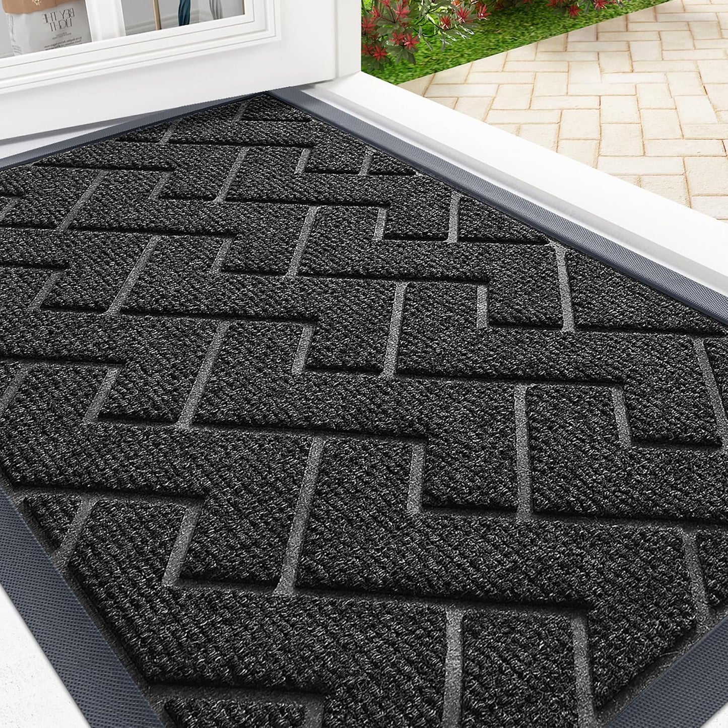 OLANLY Front Door Mat Indoor Outdoor Entrance, Waterproof All-Season, All-Weather Doormat, Sturdy Natural Rubber, Low Profile, Easy Clean Patio Porch Entryway Mat, Herringbone Brick (Black, 47x17)