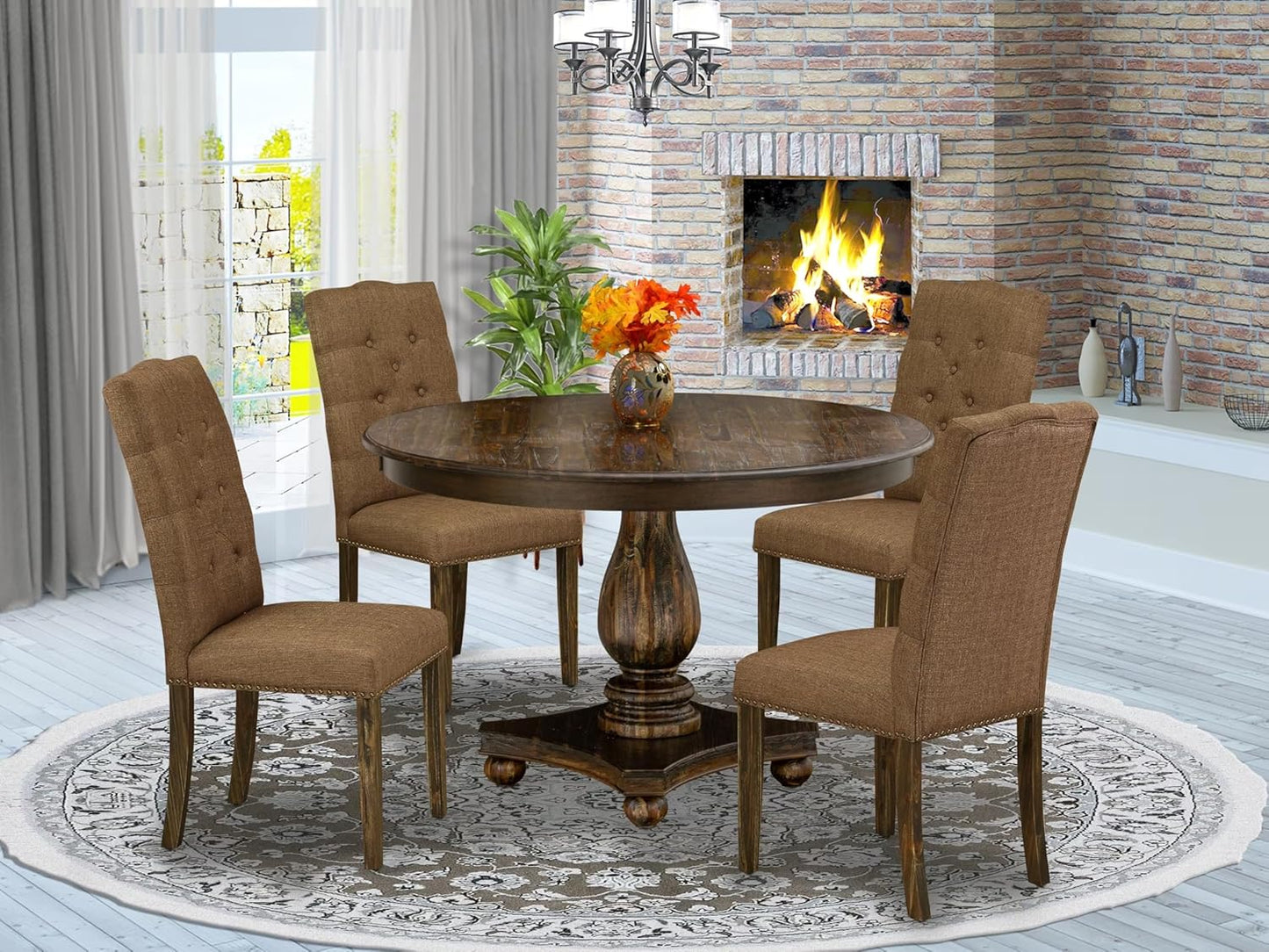East West Furniture F2EL5-718 5 Piece Kitchen Table & Chairs Set Includes a Round Dining Table with Pedestal and 4 Brown Linen Linen Fabric Parson Chairs, 48x48 Inch, Distressed Jacobean