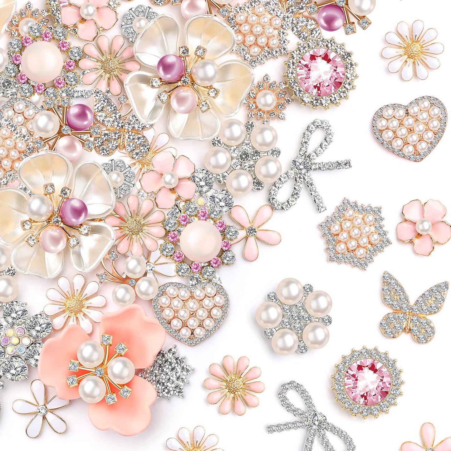 Giegxin 24 Pcs Rhinestone Buttons for Crafts Clothes Faux Pearl Embellishments Pink Butterfly Rhinestone Flower Buttons Vintage Women Pearl Brooch for Jewelry Making, DIY, Bags Shoes Supplies
