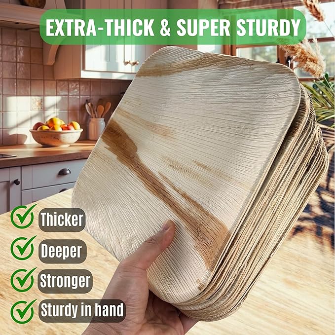 Palm Leaf Plates 10 Inch – 50 Pack Palm Plates with 50 Wooden Forks & 50 Knives – Bamboo Plates Disposable and Bamboo Dinner Plates for Weddings, Parties, Holidays, Christmas & New Year