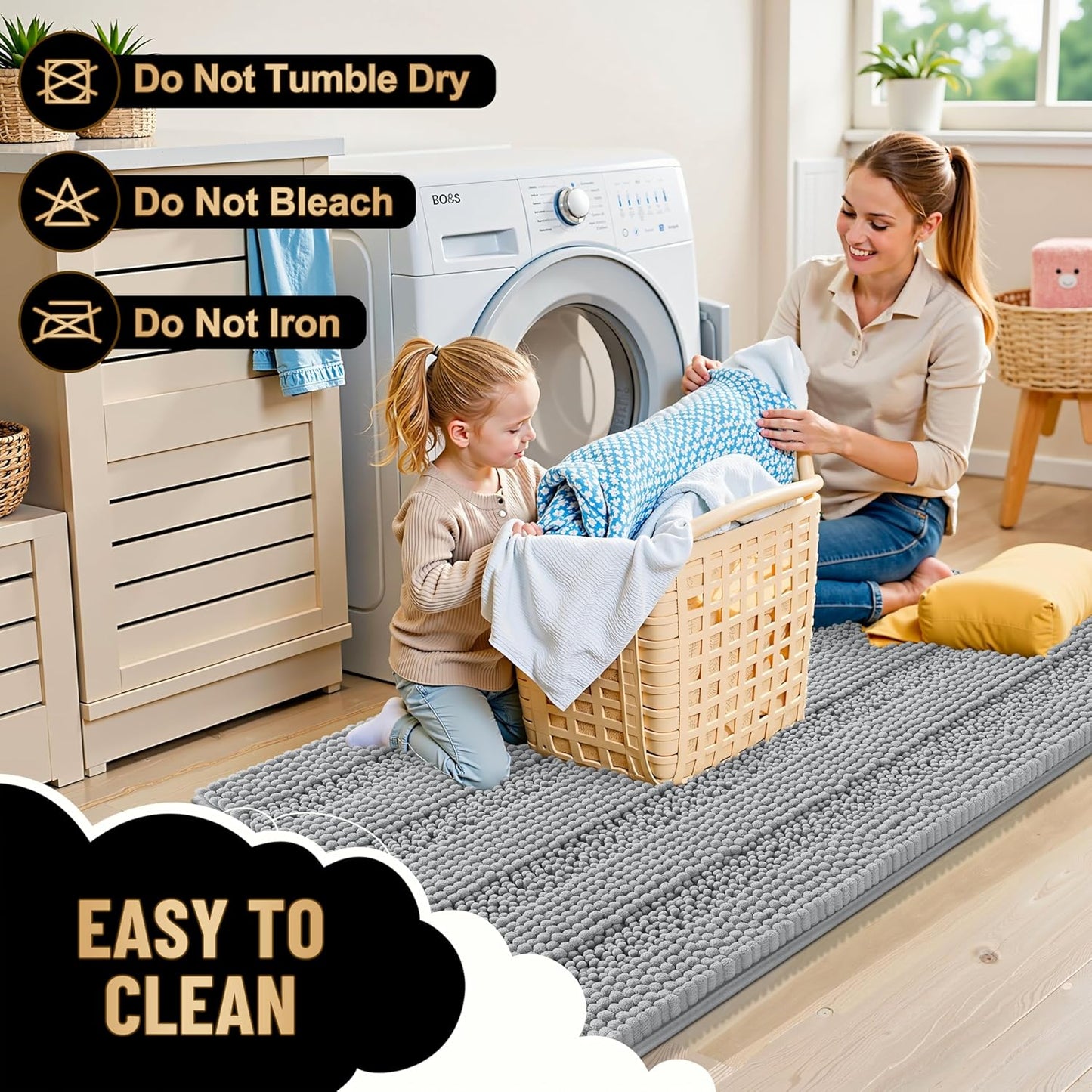 OLANLY Thick Bathroom Rugs 70x24, Extra Soft Absorbent Chenille Striped Bath Rugs, Rubber Backing, Machine Wash Dry, Bath Mats for Bathroom Floor, Tub and Shower, Home Decor Accessories, Light Grey