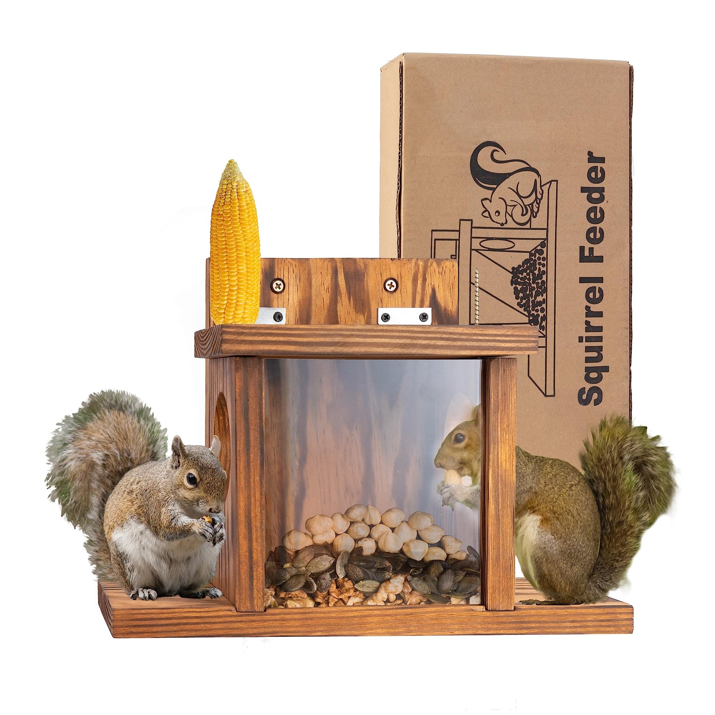 MIXUMON Wood Squirrel Feeder, Squirrel Feeders for Outside Winter, Wooden Chipmunk Feeder for Corn, Peanuts, Durable Box Easy to Fill with Removable Front Panel (Style 1)