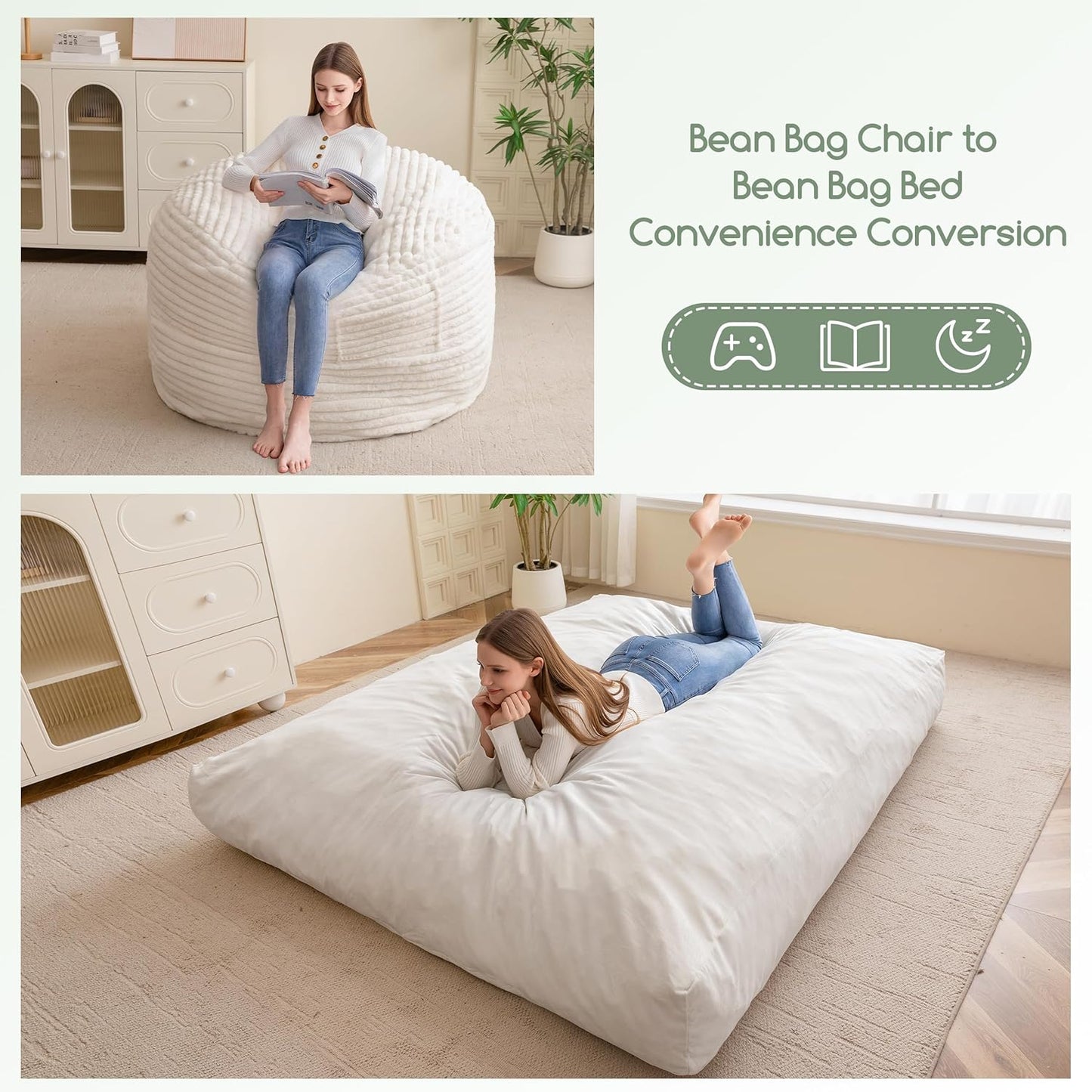 Giant Bean Bag Chair Bed for Adults, Convertible Beanbag Folds from Lazy Chair to Floor Mattress Bed with Machine Washable Cover, Large Floor Sofa Couch with High-Density Foam Filling