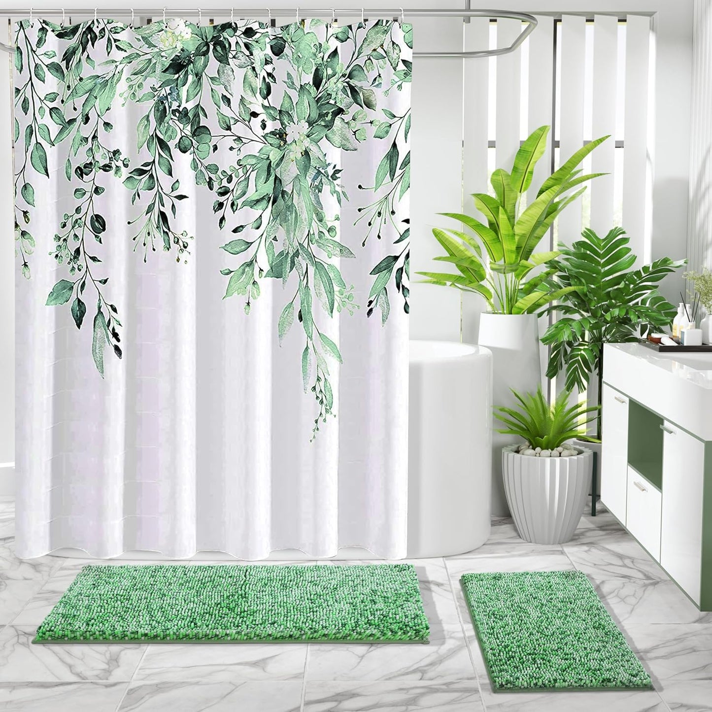 Yimobra Luxury Bathroom Rugs, 47x24, Extra Soft Chenille Mats for Bathroom Non Slip, Fluffy Long Matts for Tub, Plush Shaggy Carpet Runner, Water Absorbent, Machine Washable, Light Green & Green