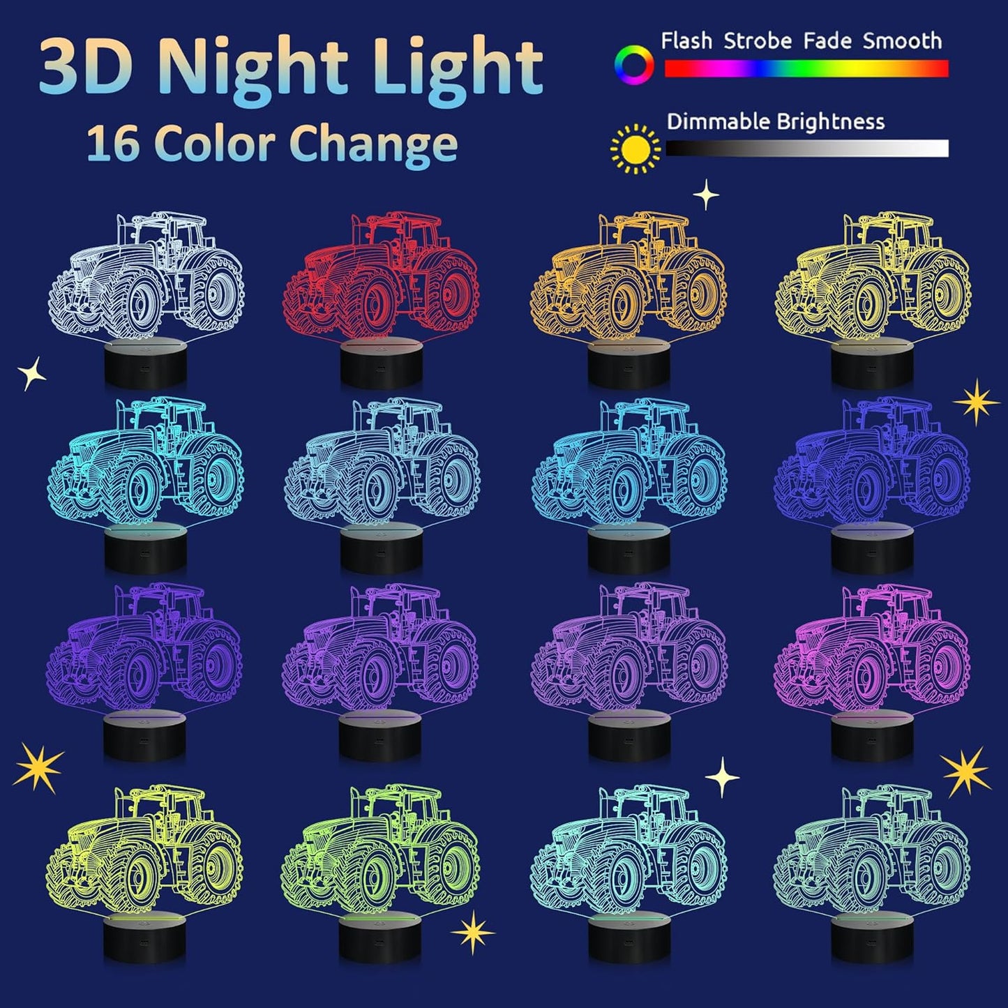 Attivolife Tractor 3D Illusion Night Lamp, 16 Color Changing Dimmable Hologram Lighting, Timer Toy USB Charge Table Desk Bedroom Decoration Creative Gift for Kid Boy with Remote Control
