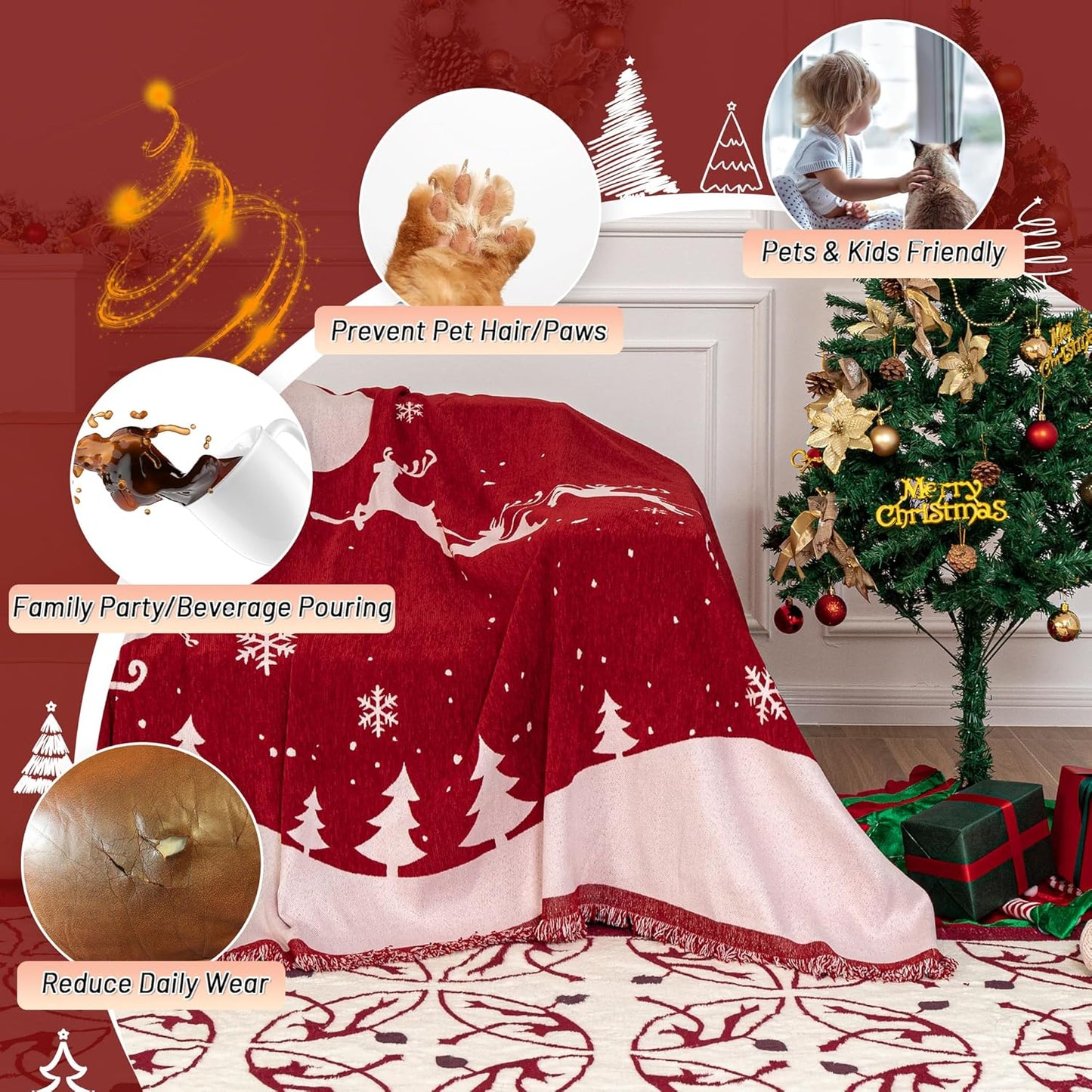 MYSKY HOME Christmas Couch Cover, Washable Pet Couch Covers for Sofa, Sectional Couch Covers L Shape Throw Sofa Slipcover, Soft Washable Sofa Covers for 2 Cushion, 71"x118", Red