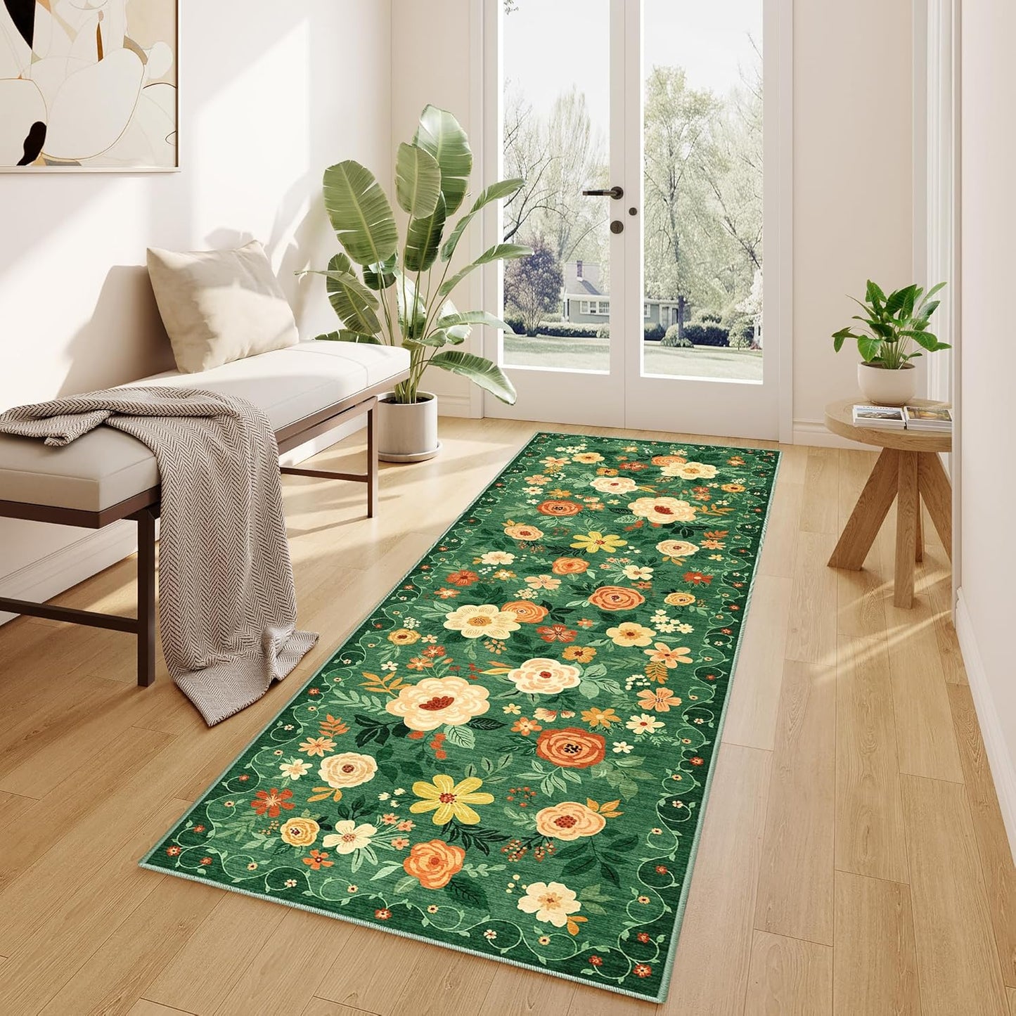 DUKINO Runner Rug, 2x10 Kitchen Hallway Carpet, Washable with Non-Slip Backing, Low Pile Soft Boho Floral for Entryway, Laundry, Bedroom, Dark Green